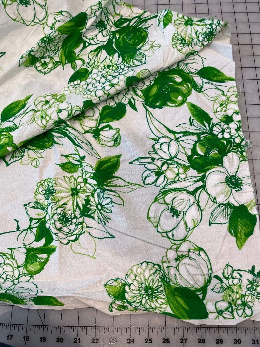 Vintage Green White Floral Fabric 2 yards 30 inches